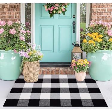 Imagem de Tapete de porta xadrez Buffalo para ambientes externos, 61 x 89 cm, preto e branco, em camadas, tecido de algodão, lavável, tapete de varanda para porta de boas-vindas, entrada, quarto, sala de estar
