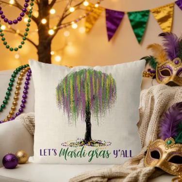 Imagem de Capas de almofada de carnaval de carnaval 45,7 x 45,7 cm Lets Mardi Gras Yall fronha decorativa para sofá de Nova Orleans árvore de carnaval para sala de estar