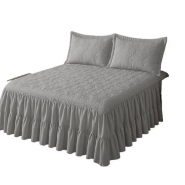 Imagem de Colcha Casal Bordada Com Babado Cama Box Cobre Leito Com Forro Cama Posta(CINZA)