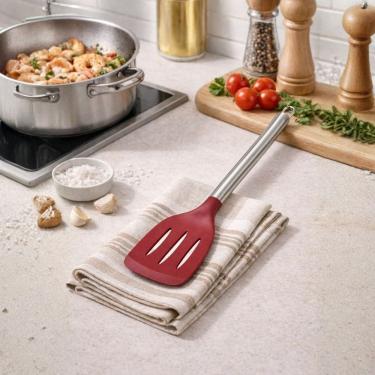 Imagem de Espátula de Silicone Vazada com Cabo Inox Elite Vinho Bordê - Tuut