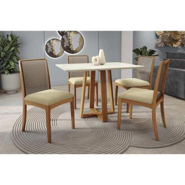 Imagem de Mesa Cozinha Elma Premium Madeira Maciça c/ Tampo Madeirado c/ Vidro 120x80cm e 4 Cadeiras Lara Carvalho/Off White - Boucle Bege-Kappesberg