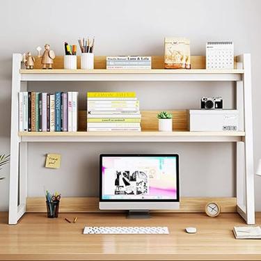 Imagem de Estante de mesa de 2 níveis para mesa de computador, prateleira organizadora de estante de bancada com moldura de metal, prateleira organizadora de armazenamento de escritório em casa