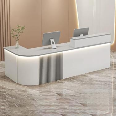 Imagem de Mesa de recepção cinza moderna com bandeja de teclado para lobbies e salões - Balcão de caixa de varejo com orifício para cabo - 120 x 60 x 100 cm