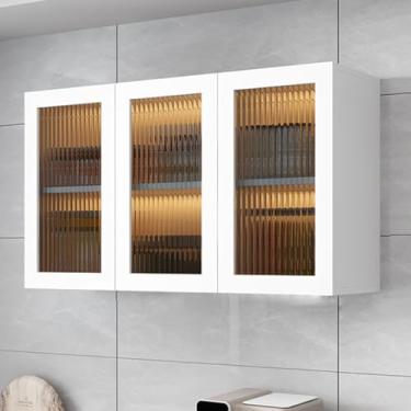 Imagem de Armário de remédios de madeira para cozinha com 2 portas de vidro – armazenamento sobre o vaso sanitário, suporte suspenso para exibição de banheiro, organizador de despensa para banheiro, quarto e