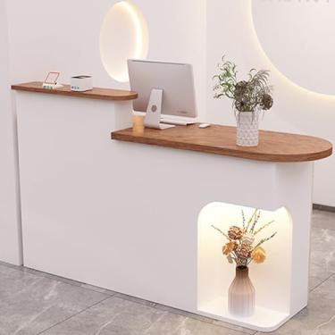 Imagem de Mesa de recepção moderna com gavetas com trava - balcão frontal elegante para salão, escritório ou sala de check-out (marrom, 90 cm/35,4 pol.)