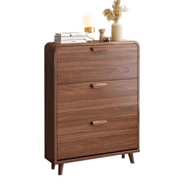 Imagem de Armário de sapatos estreito de madeira, armário de sapatos vertical com 3 gavetas dobráveis armário de sapatos oculto com prateleiras removíveis espaço de chão 0,2 m² adequado para salas de estar