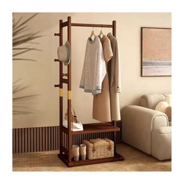 Imagem de Rack de roupas com prateleira inferior, suporte de madeira maciça resistente, organizador de armário para quarto, lavanderia, sala de estar