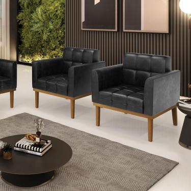 Imagem de Kit 2 Poltronas Decorativas Karen Pés Fixo em Madeira Castanho PU Preto Brilho G19 - Gran Belo