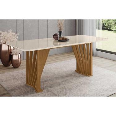 Imagem de Mesa De Sala Jantar Adriana Sc46 + Tampo Madeirado Vidro Curvo 200x80cm Nature-off White