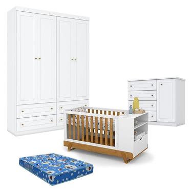 Imagem de Quarto De Bebê Americano 4 Portas Com Berço Multifuncional Bkids Branco Freijó Eco Wood - Matic - Henn E Colchão Ortobom