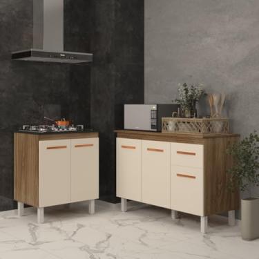 Imagem de Mobília Decor, Balcão Para Cooktop 5 Bocas Fran e Armário Aline 118 cm Cozinha Gabinete Savana Off White com Tampo Tampão Savana