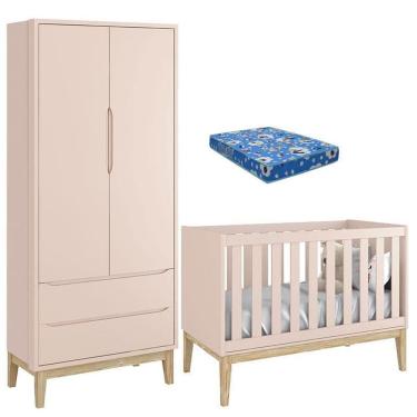 Imagem de Berço Americano com Colchão e Guarda Roupa Classic 2 Portas Rosa Pés Madeira Natural – Reller