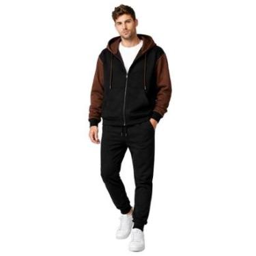 Imagem de Conjunto Jaqueta Masculina com Zíper Capuz + Calça Moletom Casual Confortável Inverno-M...