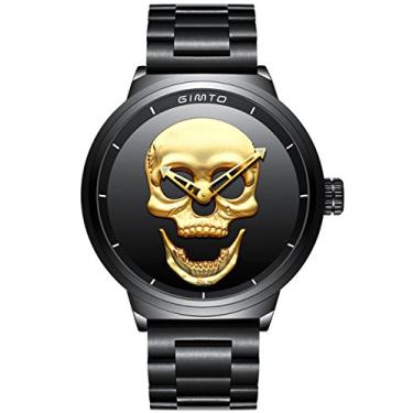 Imagem de Relógios de caveira para homens Relógio de pulso de quartzo com mostrador grande de aço inoxidável preto descolado e crânio 3D dourado