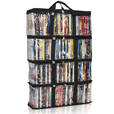 Imagem de Made Easy Kit Bolsa de armazenamento de DVD – Organizador de PVC transparente, alças triplas costuradas, divisórias – empilhável, economiza espaço, serve para 40 caixas de DVD – recipiente para discos de filmes, videogames, fitas VHS (preto, 4 sacos)