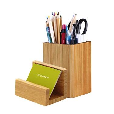 Imagem de Enyuwlcm suporte de cartão de visita de mesa de madeira de bambu e suporte de lápis durável para escritório Home School 2 pacotes, Bamboo