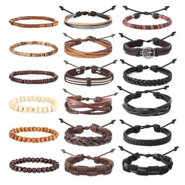Imagem de Pulseiras de couro trançado Hanpabum 18 peças para homens e mulheres, bracelete de punho trançado, contas de madeira, pulseiras étnicas tribais ajustáveis