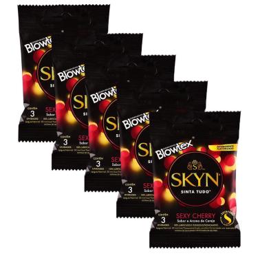 Imagem de Kit 5 Pacotes Preservativo SKYN Sexy Cherry C/ 3 Unidades Cada