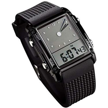 Imagem de Relógios de pulso masculinos com mostrador retangular com 7 cores opcionais, luz de fundo LED, cronômetro, alarme multifuncional, relógio com pulseira de borracha 12/24H, Preto