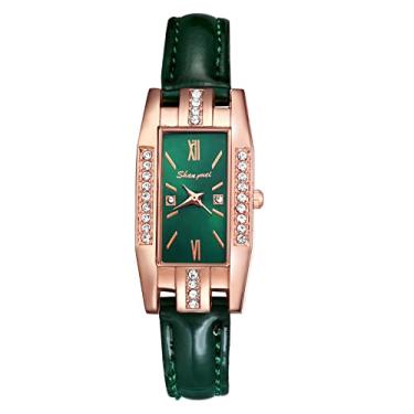 Imagem de LANCARDO Relógio quadrado de couro para mulheres com strass incrustado bisel feminino relógio de quartzo pulseira verde relógio de pulso algarismos romanos