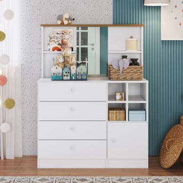 Imagem de Cômoda Gaveteiro Penteadeira Infantil Com Espelho House 1 Porta 4 Gavetas Quarto Branco