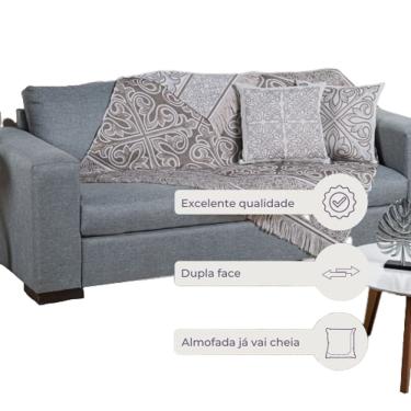 Imagem de Kit Xale Sofá Almofada Cheia Jacquard 5Pçs Dupla Face Cáqui