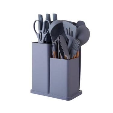 Imagem de Utensilios para Cozinha Silicone Kit com 19 Peças Cabo Madeira Conjunto Completo Espátula Concha Colher Jogo Suporte Faca Antiaderente Tabua Tesoura Faqueiro (CINZA)