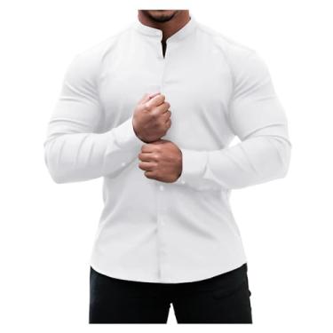 Imagem de Camisa masculina casual cor sólida abotoada atlética gola alta slim fit manga longa, Branco, XG