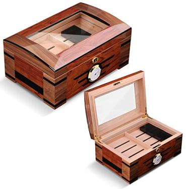 Imagem de HANCIGAR Umidor de charuto de madeira de cedro com divisória dupla para armazenamento com umidificador e higrômetro (comporta 65 charutos) presentes para homens
