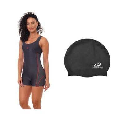Imagem de Kit Macaquinho Feminino Natação e Touca De Silicone Grande (Grafite - Touca Preta, P)