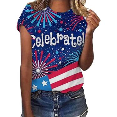 Imagem de Camiseta feminina com estampa do Dia da Independência da Bandeira Americana com estampa de fogos de artifício e gola redonda, túnica patriótica solta, Bege, G