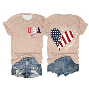 Imagem de Camiseta feminina com bandeira americana 2024 4 de julho patriótica, manga curta, gola redonda, túnica, blusa gráfica casual de verão, Bege, 3G