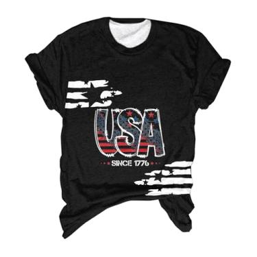 Imagem de Camisetas femininas PKDong USA Since 1776 4th of July Tops Independence Day gola redonda manga curta camisetas americanas 2024 na moda, Preto, P