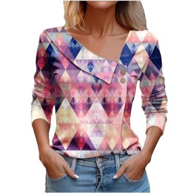 Imagem de Camiseta feminina assimétrica lapela botão blusas vintage floral gráfico blusa solta roupas elegantes, Roxa, XXG