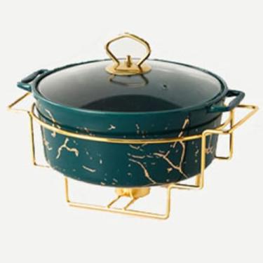 Imagem de Aquecedor de alimentos para buffets de festas, conjunto redondo de buffet de prato de atrito com bandeja de aquecimento de alimentos, revestimento de mármore cerâmico com tampa de vidro, ver