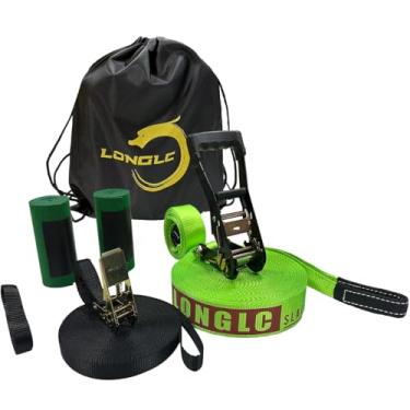 Imagem de LONGLC Kit Slackline | Linha mais longa de 22 metros com linha de treinamento | Protetores de árvores, bolsa de transporte para braço | Linhas de corda apertada para quintal | crianças, adultos