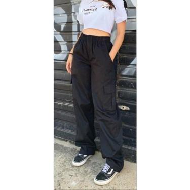 Imagem de Calça Cargo Preta Streetwaer Skatista Feminina Moda Urbana Masculina E