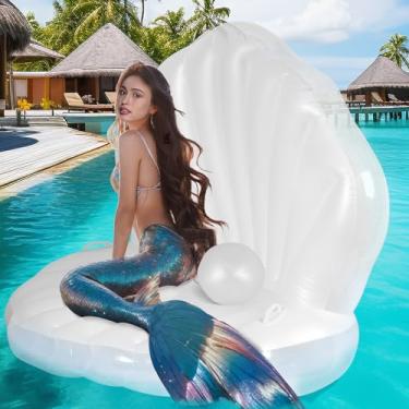 Imagem de Boia de piscina inflável espessa de 132 cm, cadeira flutuante de piscina gigante com bolas de pérola, para festas de aniversário, decorações com tema oceânico, decorações de festa na praia e na