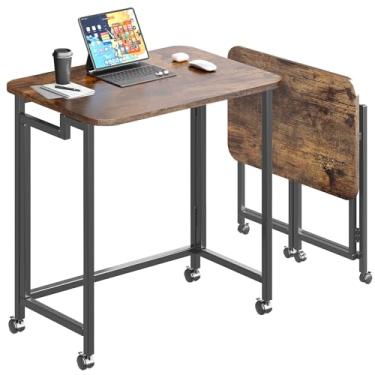 Imagem de JSB Pequena mesa dobrável para computador com rodas, mesa de trabalho industrial moderna, laptop para escritório em casa (rústica e marrom, 59,9 cm)