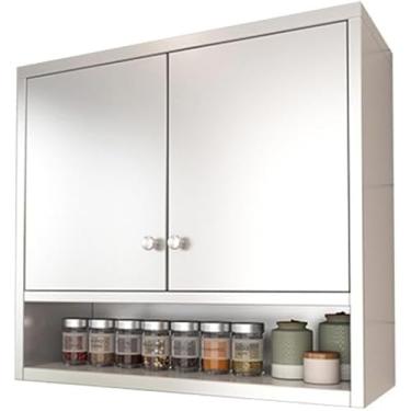 Imagem de Armário de parede de cozinha de aço inoxidável com portas duplas e prateleiras ajustáveis Prateleira de armazenamento montada na parede para sala de estar, cozinha, banheiro, prata, 80 x 30 x 70 cm