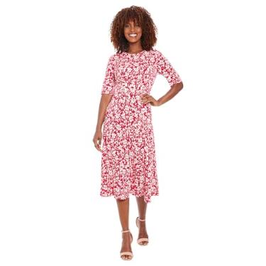 Imagem de London Times Cintura inserida feminina manga curta midi, Rosa vermelho/branco macio, 44