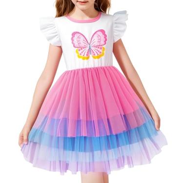 Imagem de LQSZ Vestidos de tule para meninas, princesa, manga esvoaçante, lindo vestido de borboleta para meninas pequenas