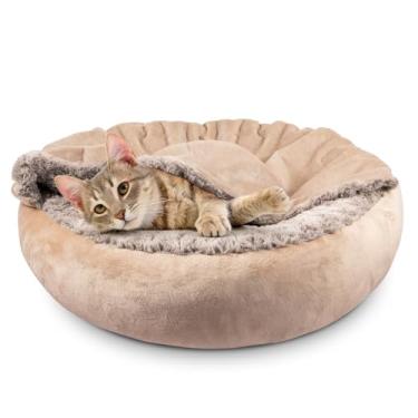 Imagem de JOEJOY Cama pequena para cães e gatos com cobertor com capuz, cama aconchegante para filhotes, cama redonda calmante antiansiedade, cama caverna de toca para cachorro - parte inferior antiderrapante e