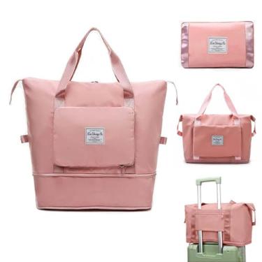 Imagem de Jahomieo Bolsa de viagem dobrável de grande capacidade, bolsas de bagagem de mão leves e leves, à prova d'água, bolsa esportiva de separação seca e molhada para esportes noturnos e treinos, Pó doce