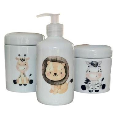 Imagem de Kit higiene bebê Safari 3 peças - potes e porta álcool - Peças Porcela