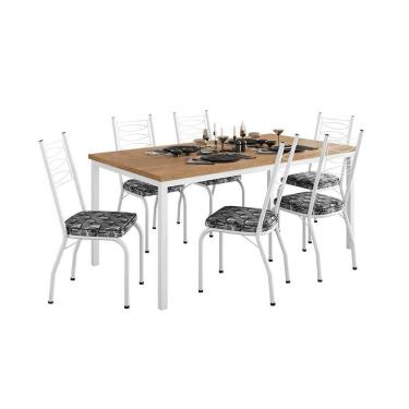Imagem de Conjunto de Mesa Retangular com Tampo de MDP Amadeirado e 6 Cadeiras Adriana Revestimento Sintético Silver e Branco