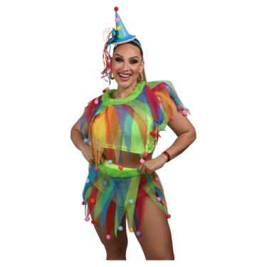 Imagem de Fantasia Kit Palhacinha Cosplay Palhaça Colorida Adulto Colombina Carnaval Bloquinho Aniversário Festa Circo Picadeiro