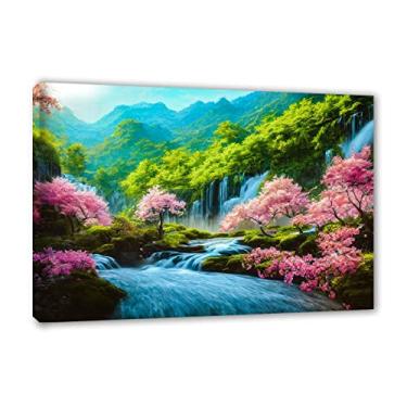 Imagem de Arte de parede em cascata grande emoldurada, imagens de paisagens, impressão em tela - pintura de árvores floridas em tela - impressão em tela giclée moderna - arte de parede em tela natural para