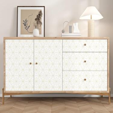Imagem de Mangoloo Papel de parede geométrico dourado moderno descasque e cole papel de contato floral bege para armários quarto prateleira forro banheiro removível flor dourada mural de parede 44,5 cm x 259,1