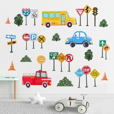 Imagem de Yovkky Traffic Vehicle Wall Decals Stickers, Transportation Car Fire Truck Road Sign Toddler Baby Nursery Decor, Tree Home Decorations Boys Kids Bedroom Playroom Art 504